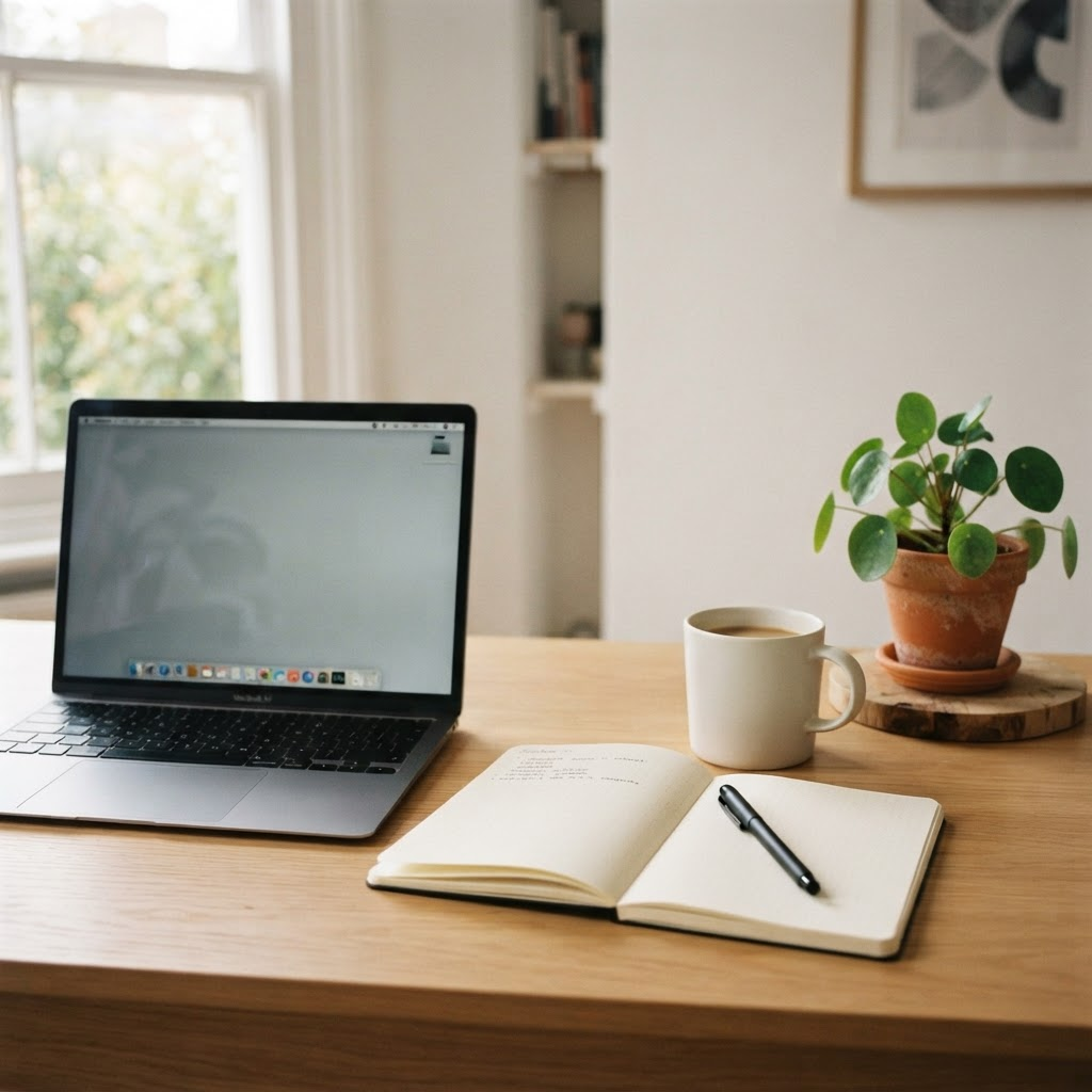 Mesa de trabalho organizada com notebook, caderno, caneca de café e uma planta
